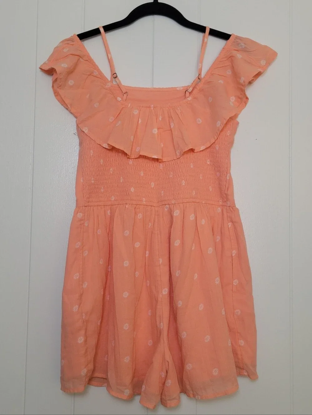 NWT Abercrombie Kids Romper Floral Ruffled Off Shoulder Peach White Girls 15/16